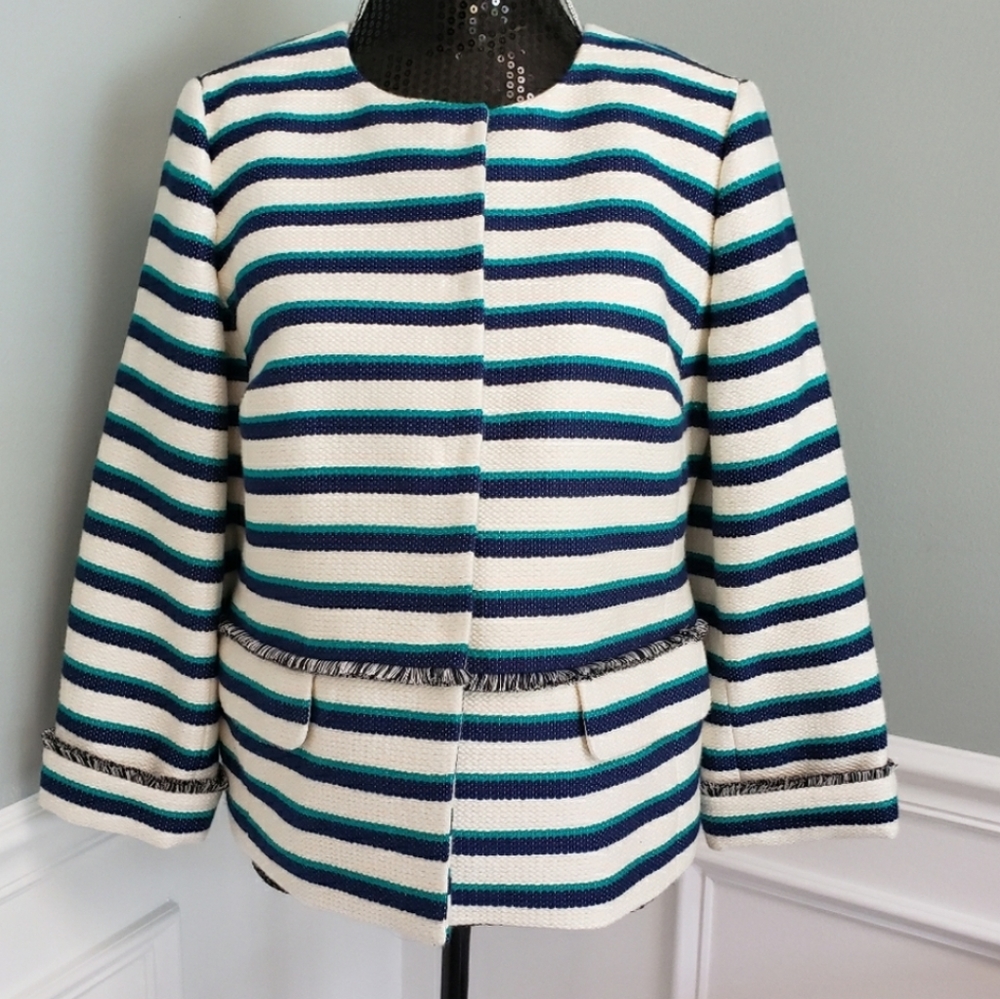 Talbots White, Teal & Navy Striped Peplum Jacket